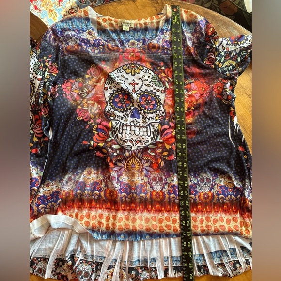 One World Tunic Top XL Sugar Skull Rhinestone Halloween 3/4 Sleeve Fall High Low - Picture 3 of 11